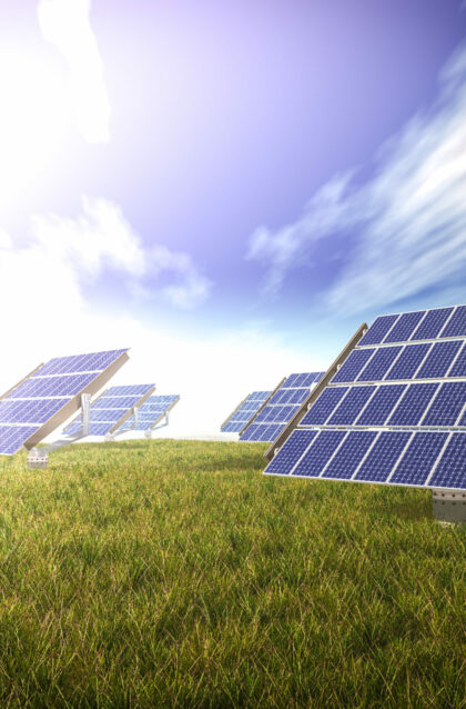solar cells syetem 3d rendering solar cells system on the green world 3d rendering