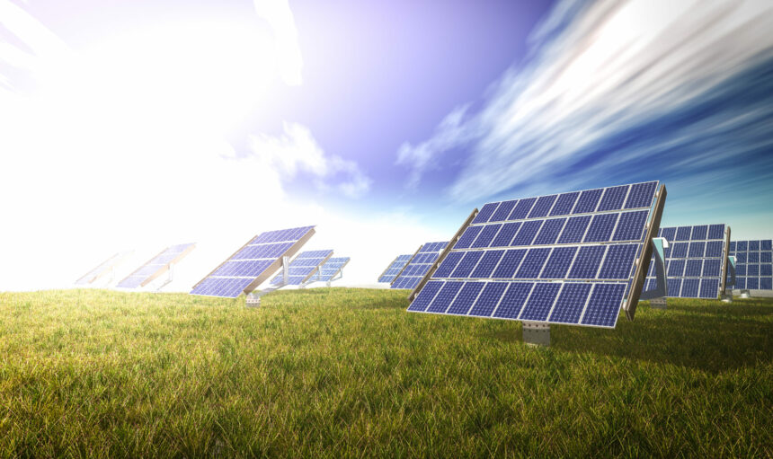 solar cells system on the green world 3d rendering