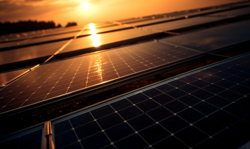 Sunset nature provides renewable energy through solar power generated by artificial intelligence